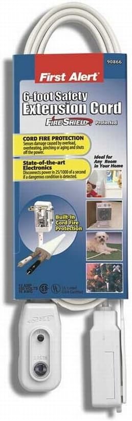 First Alert 90866 LCDI Safety Extension Cord, Protected with Fire Shield, 3-Outlet, 6-Foot, White