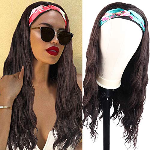 Aisaide Long Body Wave Curly Headband Wigs for Black Women Scarf Wig Wrap Wig,Long Curly Hair Highlight Ombre Brown Wigs with Headband Attached Loose Wave Water Wigs None Lace Front Wig Brown Hair