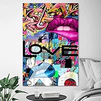 SIGNWIN Framed Canvas Wall Art Abstract Love and Pink Lip Graffiti & Street Art Famous People Pop Art Modern Urban Multicolor for Living Room, Bedroom, Office - 12x18 inches