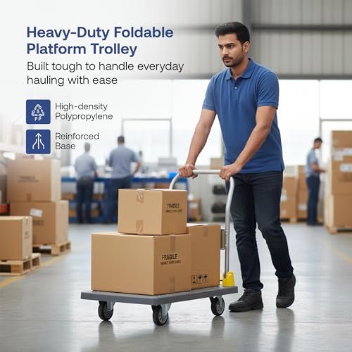 Image of BonKaso 400Kg Heavy-Duty Foldable Platform Trolley | Plastic Hand Truck with 4 360 Rotating Wheels & Cushioned Grip | Material Handling Cart for Home, Office, Warehouse & Industrial Use (Grey)
