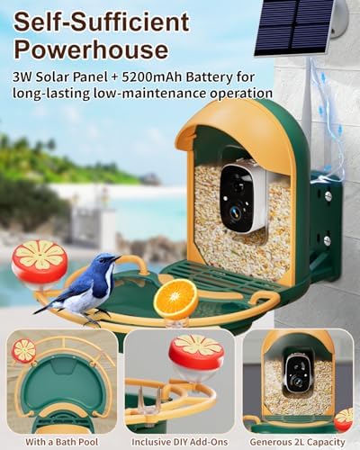 Bird Feeder with Camera, Smart Bird Feeder with Cam Solar Powered, 2K HD Video, AI Bird Species Identification, Instant Arrival Alerts, IP66 Waterproof, Gift for Bird Lover (Dark Green, with Bath) — view 4