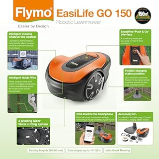 Flymo EasiLife 150 GO Robotic Lawn Mower - Cuts Up to 150 sq m, Ultra Quiet Mowing, Manicured Lawn, Bluetooth Application Control, Safety Sensors, Hose Washable, Lifestyle Functions, Orange and Grey