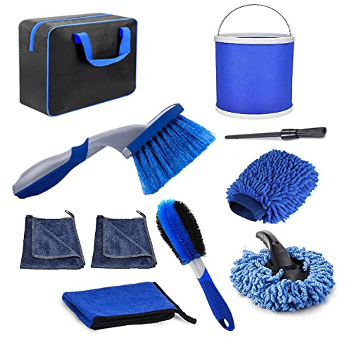 Eacam Car Wash Cleaning Tools Kit 10Pcs Automobile Detailing Brush Dash Duster Brush Washing Mitt Towels Foldable Bucket with Storage Bag for Interior Exterior Cleaning