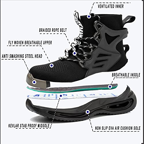 Nutropa Steel Toe Boots For Men, Lightweight Safety Work Shoes, Comfortable Breathable Composite Toe Boots Slip-Resistant Indestructible Shoes,192 Black 12 Women/10.5 Men #TOP1