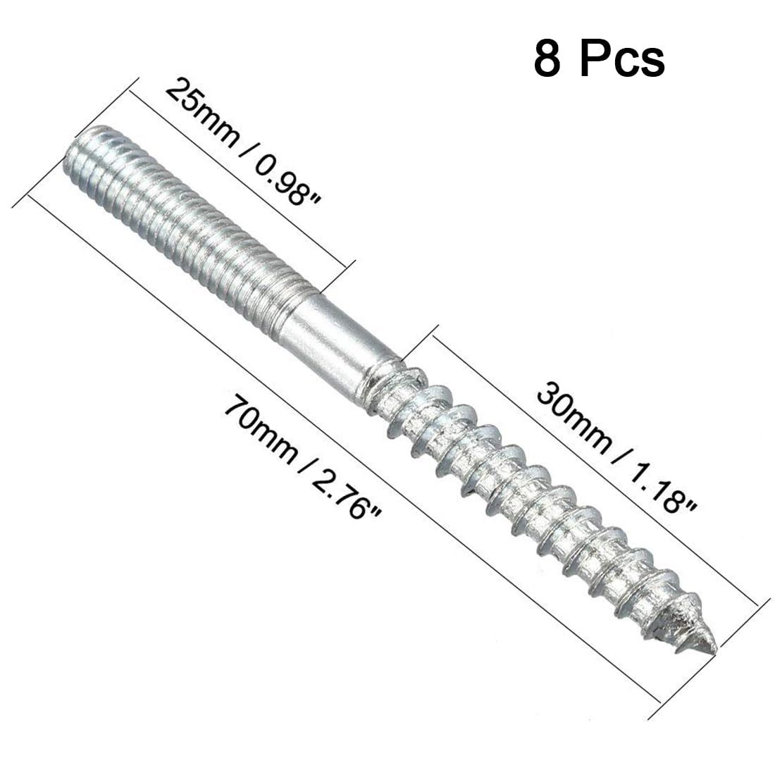 TOP-VIGOR 8Pcs Hanger Bolts, M6x70mm Double Headed Bolts Self Tapping Screw, Double Ended Dowel Screws, Screw Dowels Hanger - Image 2