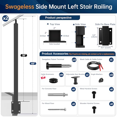 Image of 4-12FT Swageless Side Mount Stair Cable Railing Post for 28-38 Degrees Stair, Left Side Railing System 3 Stair Post, 141FT Cable, 22 Patent Terminal, Fascia Mount Post Kit for 36 inch /42 inch Railing