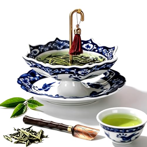 Tea Umbrella Infuser Ceramic Tea Strainer Umbrella Shape Blue White Porcelain Loose Leaf Tea Filter with Base Oriental Kung Fu Tea Diffuser for Brewing (Celadon Set 1PC)