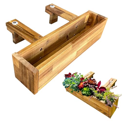 Patio Wise Acacia Wood Railing Planter Box, Outdoor Hanging Flower,