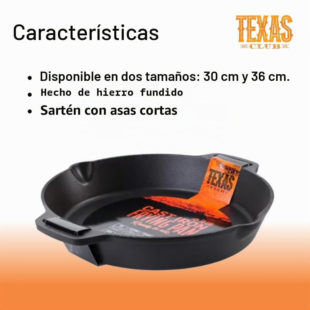 TEXAS CLUB - Sartén grande de hierro fundido, 30 cm - Sartén con mango de metal para parrilla y barbacoa