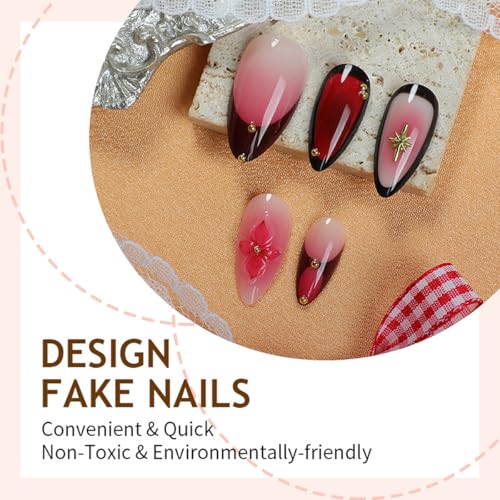 Image of Red Press on Nails Flower Fake Nails Red Ombre False Nail with Design Star Glue on Nails Artificial Acrylic Full Cover Medium Almond Stick on Nail for Women Nail Art Decoration 24Pcs