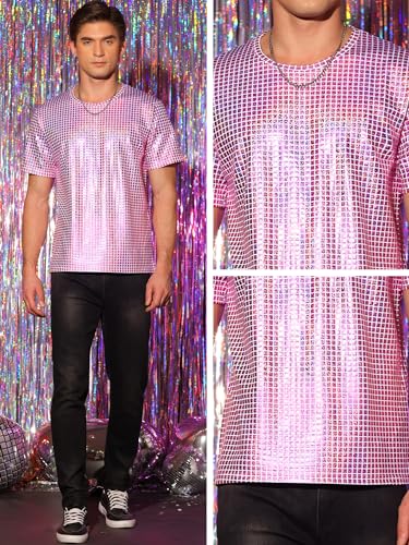 Lars Amadeus Metallic T-Shirt for Men's Round Neck Short Sleeves Sparkle Glitter Shirts4