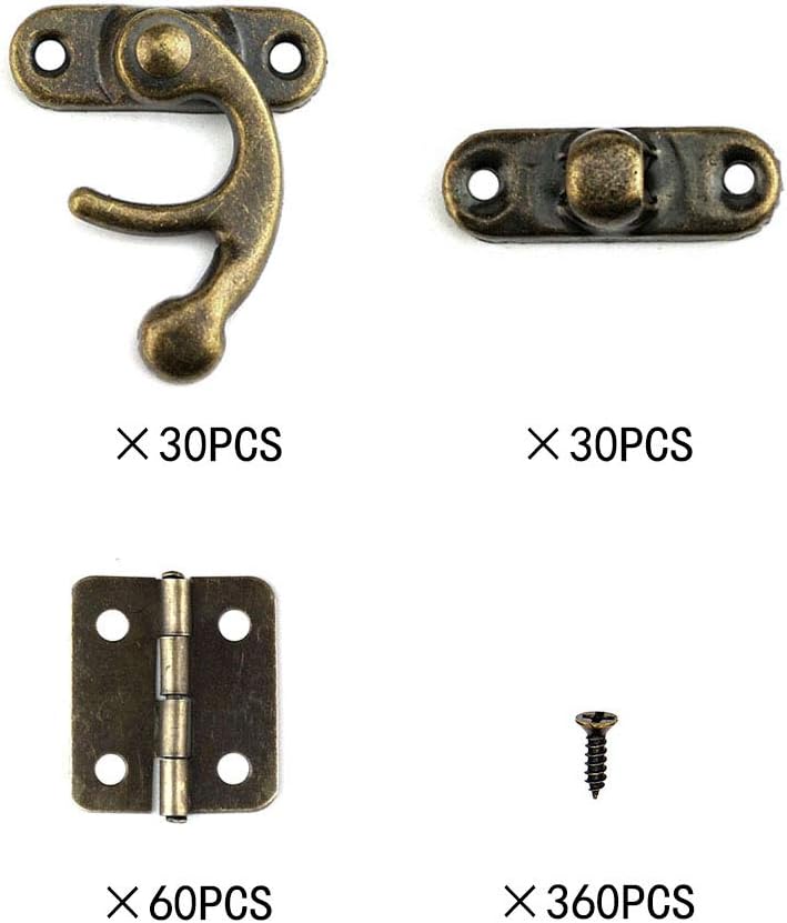 60 PCS Antique Mini Hinges and 30 Sets Bronze Tone Right Latch Hook Hasp with Screws for Wood Jewelry Box