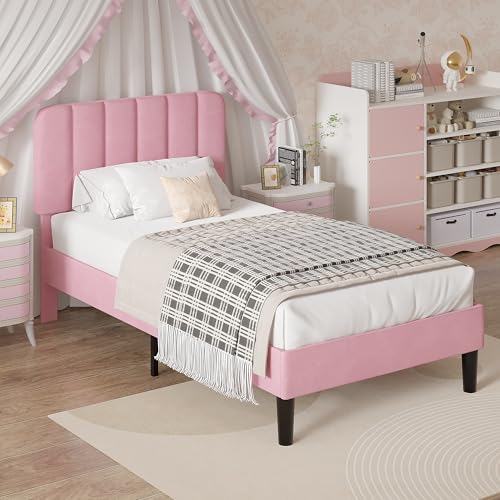 Image of VECELO Twin Size Bed Frame with Upholstered Headboard, Velvet Platform Bedframe Mattress Foundation, Strong Wood Slat Support, No Box Spring Needed,Pink