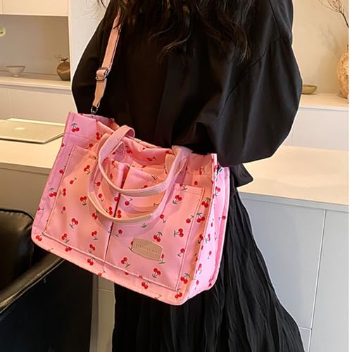 Image of Cherry Tote Bag for Women Canvas Patched Purse Cute Shoulder Bag Multi-Pocket Satchel Handbag for work travel