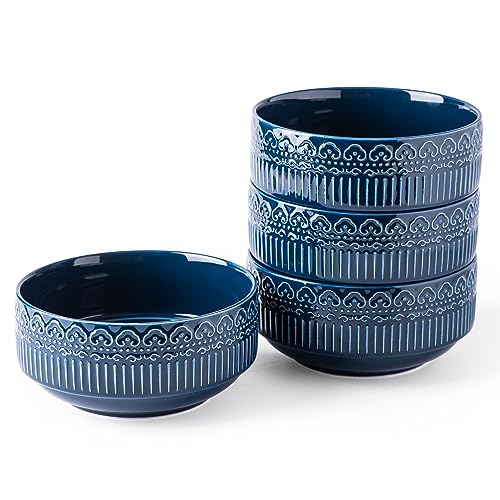AmorArc Stoneware Cereal Bowls for Kitchen, 16oz Ceramic Soup Bowls Set of 4 for Meal, Chip-Resistant Kitchen Bowls withTextured Patterns, Blue