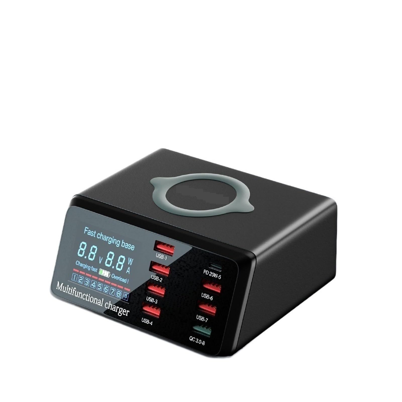 Stacja ładowania, 8-portowa ładowarka USB o mocy 100 W z ładowaniem bezprzewodowym, cyfrowym wyświetlaczem LED, szybką ładowarką QC3.0 PD