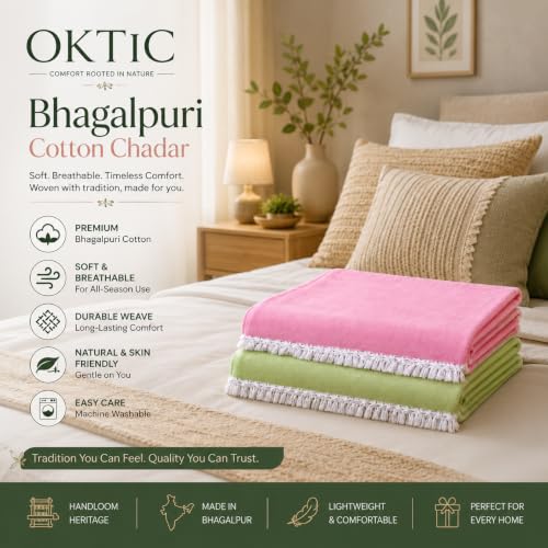 Image of OKTIC Bhagalpuri Chadar Original Cotton Top Sheet Combo | Summer Comfort, Skin Friendly Odhne Wali Chadar Bedsheet Single Size 230 x 130 cm (Peach Olive)