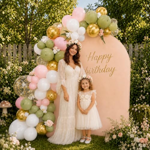 Image of Pink and Green Balloons, 50 Pcs 12 Inch Sage Green Pink White Metallic | Gold Baby in Bloom Balloons for Boho Baby Shower Jungle Woodland Floral Fairy First Birthday Wedding Party Decorations