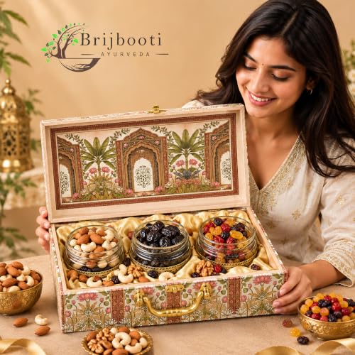 Image of Brijbooti Dry Fruits Gift Pack 510g | Premium Dry Fruits Gift Box | Almonds & Cashew Mix, Khajoor & Mix Berries | Diwali Gift Hamper | Diwali Gifts for Employees | Corporate & Festive Gift | 3 Jar Pack | Premium Peacock Design Suitcase