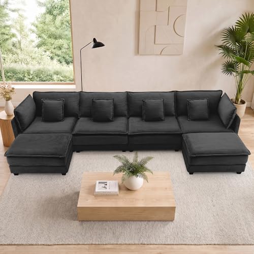 Image of Corduroy Sectional Couch, 4 Seater 149.2 inch U Shaped Cloud Couch with 2 Ottomans, Modular Deep Seat Sofa with Pillows for Living Room, Apartment, Black