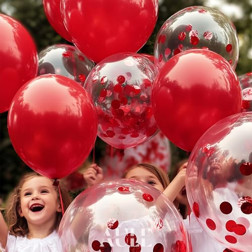 AULE Party Balloons Pack of 42-12in Red Confetti Balloons & Red Latex Balloons and 64ft Ribbons - 12 Inches Balloons Decorations Set by AULE - Image 4