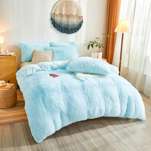 Shaggy Fluffy Light Blue Comforter Cover Queen Set – Faux Fur Shaggy Light Blue Bedding 3-Piece Set (1 Duvet Cover + 2 Furry Pillow Shams) Cozy Bed Set