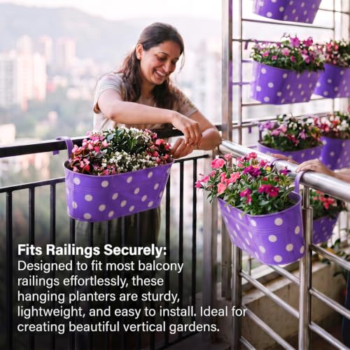 Image of TrustBasket Dotted Oval Railing Planters Basket - Purple (Set of 5) | Heavy-Duty UV Stabilized Metal Flower Pots for Railings, Fence & Balcony, Indoor Outdoor Herb, Flower & Decorative Plants