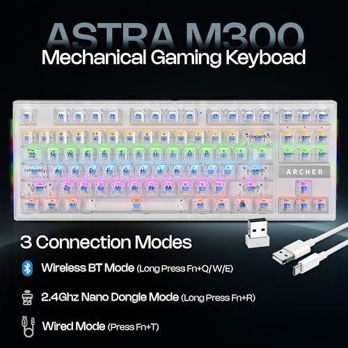 Image of Archer Tech Lab Astra M400 Mechanical Gaming Keyboard with 63 keys, 17 RGB modes, clicky blue switches, 26 anti-ghosting keys, 50M keystroke durability, 1.5m USB-C cable, Windows support (TRANSPARENT)