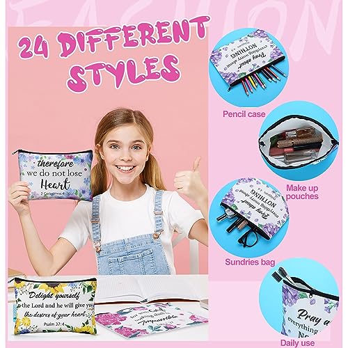 24 Pcs Christian Makeup Bag Bible Cosmetic Bags Inspirational Bible Verse Toiletry Pouches Canvas Motivational Pouches with Zipper for Women Organize Cosmetics Toiletries Stationery(Floral)4