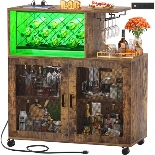 Wine-Bar-Cabinet-with-Wheels-Small-Liquor-Cabinet-with-LED-Light-Home-Bar-Cart-with-Power-Outlets-Coffee-Bar-with-Wine-Rack-Glasses-Storage-for-Kitchen-Dining-Room-Living-Room-Vintage Wine Bar Cabinet with Wheels Small Liquor Cabinet with LED Light Home Bar Cart with Power Outlets Coffee Bar with Wine Rack Glasses Storage for Kitchen Dining Room Living Room Vintage