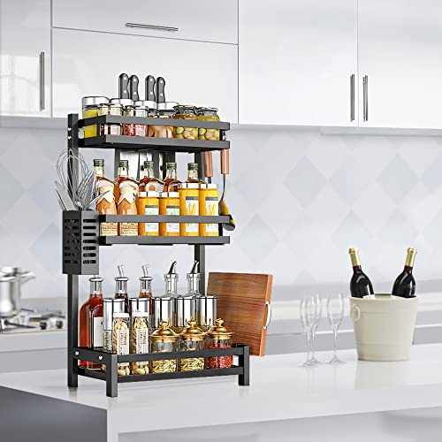 NETEL Étagère à Épices à 3 Niveaux en Acier Inoxydable pour Rangement de Cuisine, Porte-épices, Organisateur de Cuisine pour Comptoir avec porte-ustensiles, Support pour Planche à Découper, Noir Cover