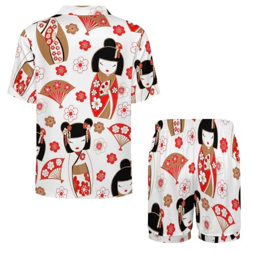 Image of Pajama Sets for Womens Japanese Cute Geisha Summer Short Sleeve Shirts And Pants Set