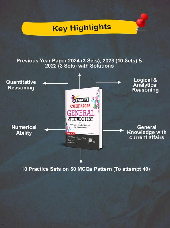 Image of Disha Target CUET (UG) 2026 General Aptitude Test with 10 Practice Sets & 21 Previous Year Solved Papers 5th Edition | PYQs & Practice Question Bank | MCQs, AR, MSQs & Passage based Questions