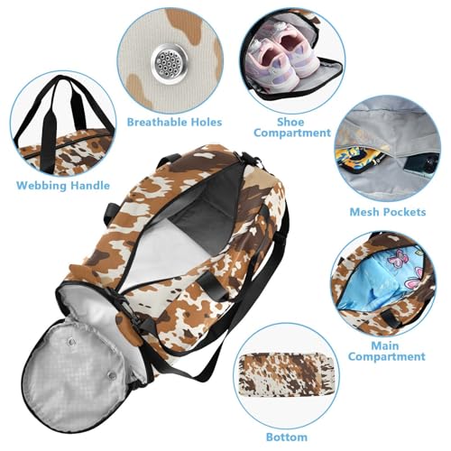 Cow Print Pattern Duffle Bag for Girl, Sports Duffle Gym Bags with Shoe Compartment, Personalized Overnight Bag Travel Weekender for Kids3