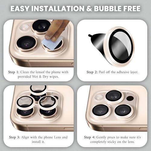 Image of ArmourPro Premium Camera Lens Protector Tempered Glass Compatible For iPhone 16 Pro Max and iPhone 16 Pro Tough HD Individual Aluminum Alloy Rings 9H Camera Cover , Scratch-Resistant,Camera Lens Protection| Desert Titanium