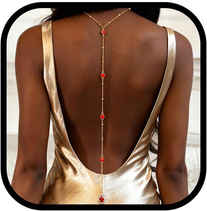 Bounzhi Gold Sexy Rhinestone Back Necklace Crystal Dropback Body Chain Y Long Chain Wedding Body Jewelry for Women and Brides