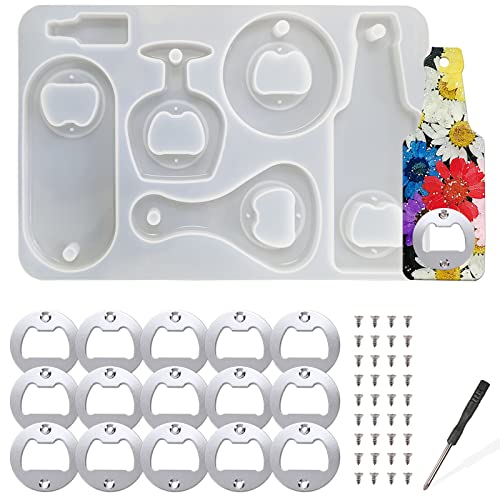 Juego de moldes de resina para abridor de botellas, abridor de cerveza DIY, moldes de fundición de llavero de epoxi de silicona + 15 piezas de herrajes para abridor de acero inoxidable Cover