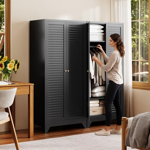Image of Letaya Armoire Wardrobe Closet,20 inch Deep Metal Wardrobe Cabinet with Doors and Shelves,Hanging Rod Clothing Storage Cabinets for Home RoomBlack