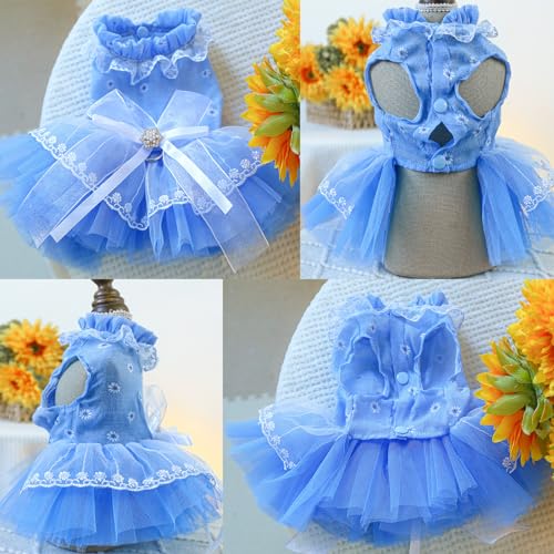 Image of HDKUW Small Dog Dress, Girl Puppy Lace Princess Skirt Tutu Dress with Bowknot,Chihuahua Yorkie Clothes Outfit for Birthday Wedding Party Blue Daisy XS