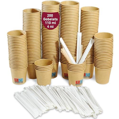 200 Gobelets Jetables Café en Papier Carton Kraft 110 ml / 4 oz. Gobelets pour Café Court, Lungo, Expresso et Plus avec Agitateurs en Bois Emballés dans du Papier