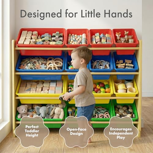 Image of Humble Crew Toy Storage Organizer with 16 Removable Storage Bins for Kids Playroom, 4-Tier Toddler Toy Organization, Natural Wood /Primary