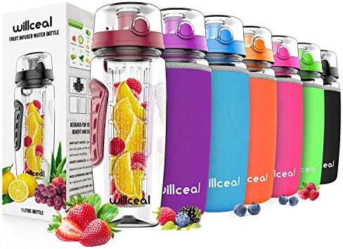 Fruit Infuser Water Bottle 32oz Willceal- Durable, Large - BPA Free Tritan, Flip Lid, Leak Proof Design - Sports, Camping (Dull Red)
