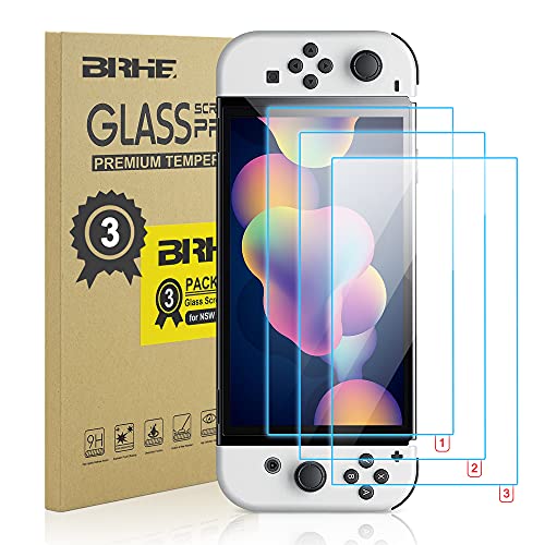 3 Pack BRHE Tempered Glass Screen Protector for Nintendo Switch OLED Model 2021, 0.25mm Ultra-Thin Anti-Scratch 9H Hardness Clear Glass Cover Film for NS OLED Console