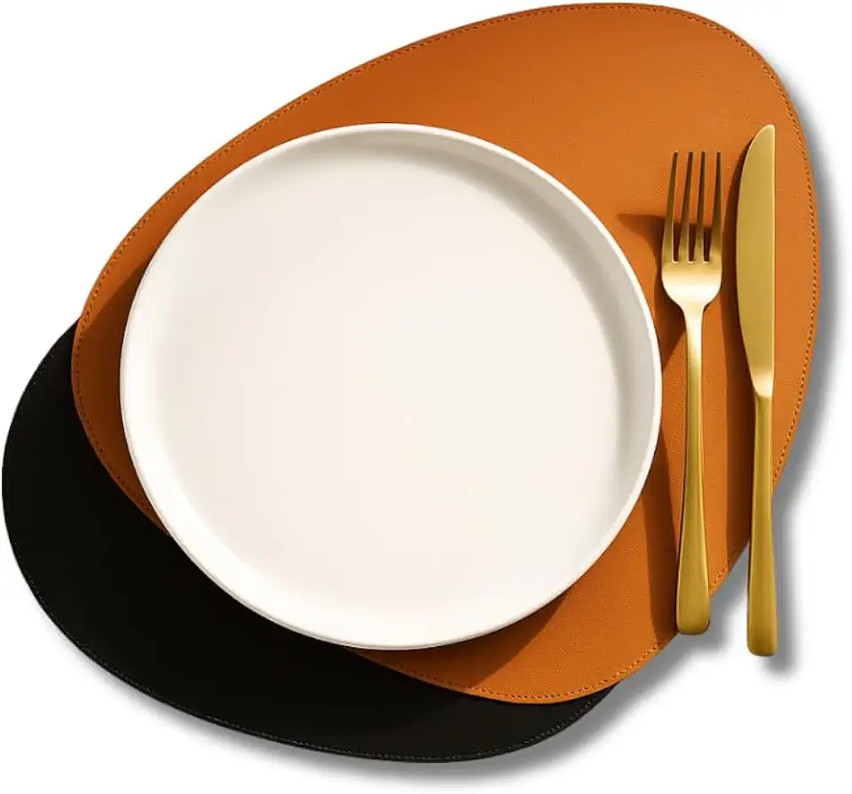 Jogo Americano Sousplat Dupla Face em Couro Ecológico Formato Orgânico Impermeável, Resistente e Fácil de Limpar, Elegante para Mesa Posta e Decoração (8)