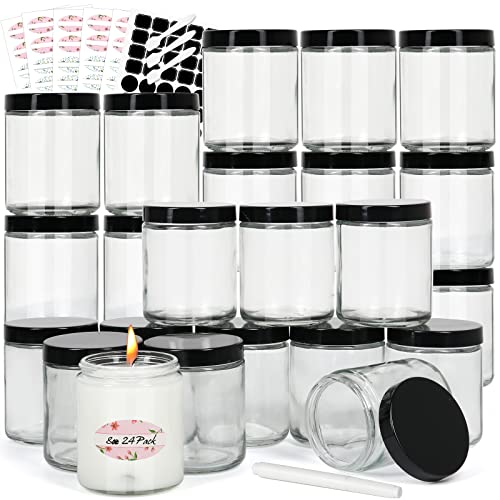 EkkoVla 24 Pack 8 oz Clear Round Glass Jars with 24 Black Lids, Candle Making Jar, Empty Refillable Cosmetic Containers for Lotions, Face Creams, Body Butter, Powders, Ointments, Beauty Products