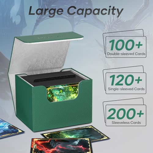 Image of Mlikero Card Deck Box, Commander Deck Box Holds 100+ Double-Sleeved Cards with 2 Dividers, Leather Magnetic Closure Card Box Fit for MTG, TCG (Green)