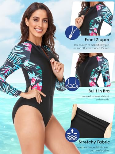 SHAPERIN Women's Long Sleeve Rash Guard UV UPF 50+ Sun Protection Zipper Printed Surfing One Piece Swimsuits Bathing Suit Green M — view 4