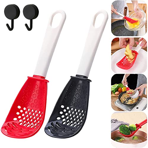 Duuclume Multifunktionale Kochlöffel, Skimmer-Schaufel mit Sieb, Reibe, Stampfer, lebensmittelecht, hochtemperaturbeständig, zum Kochen, Entwässern, Stampfen, Reiben (Schwarz, Rot), 003 Cover