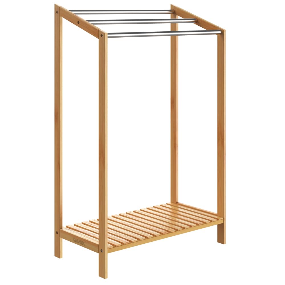 Porte-Serviettes en Bambou sur Pied avec 3 Barres en Acier Inoxydable Étagère de Rangement Salle de Bain