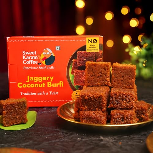 Image of Sweet Karam Coffee Jaggery Coconut Burfi Squares - 150grams | No Refined Sugar or Preservatives | Traditional South Indian Mithai | Made with Natural Jaggery & Coconut | Healthy & Homemade Treat